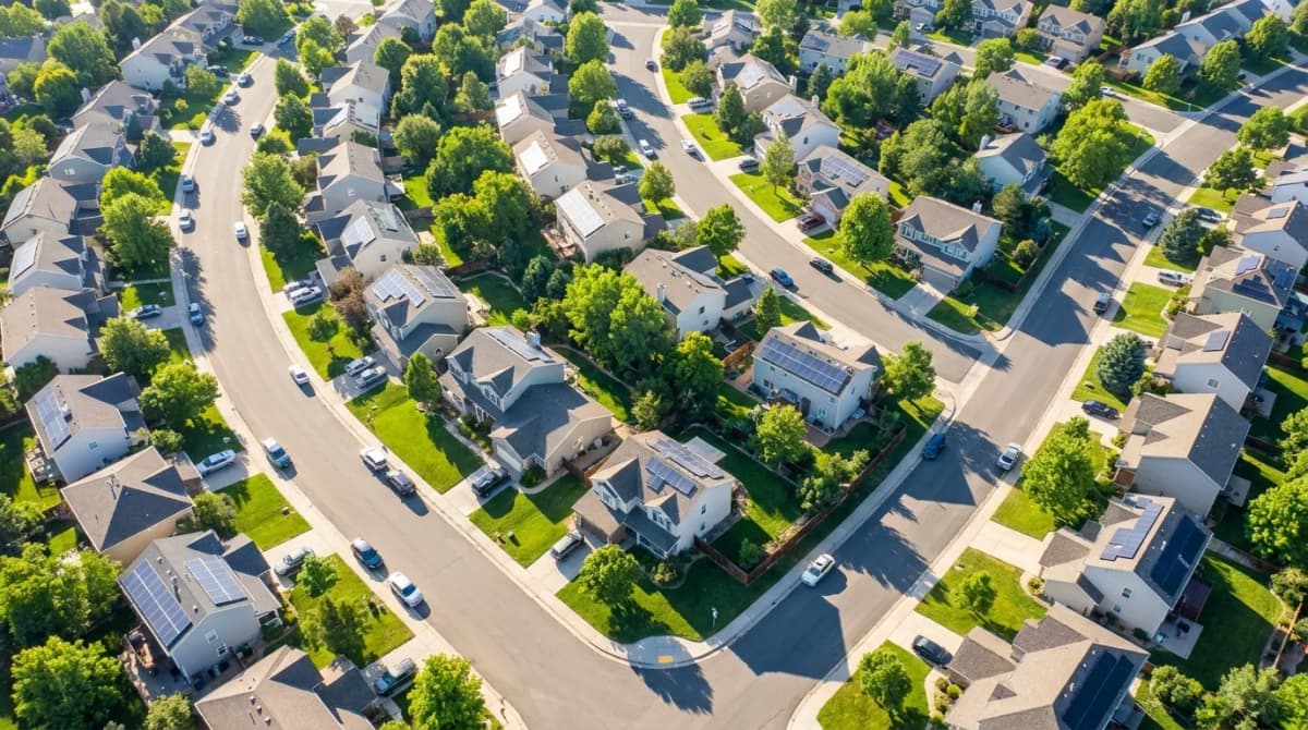 Aerial view of homes with rooftop solar arrays