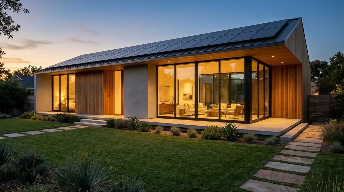 Modern sustainable home at dusk with integrated black solar panels and warm interior lighting