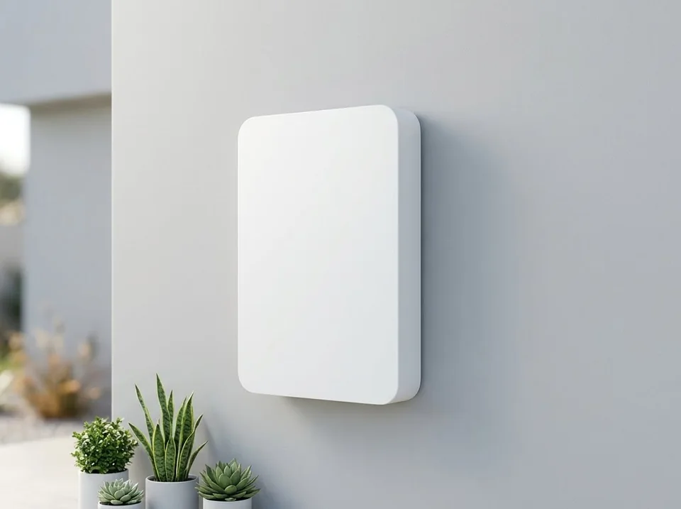 Wall-mounted home battery storage unit installed in a garage