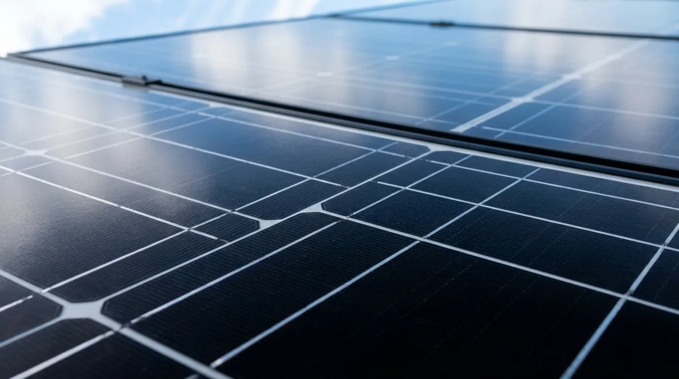 Close-up of monocrystalline solar panels showing cell structure